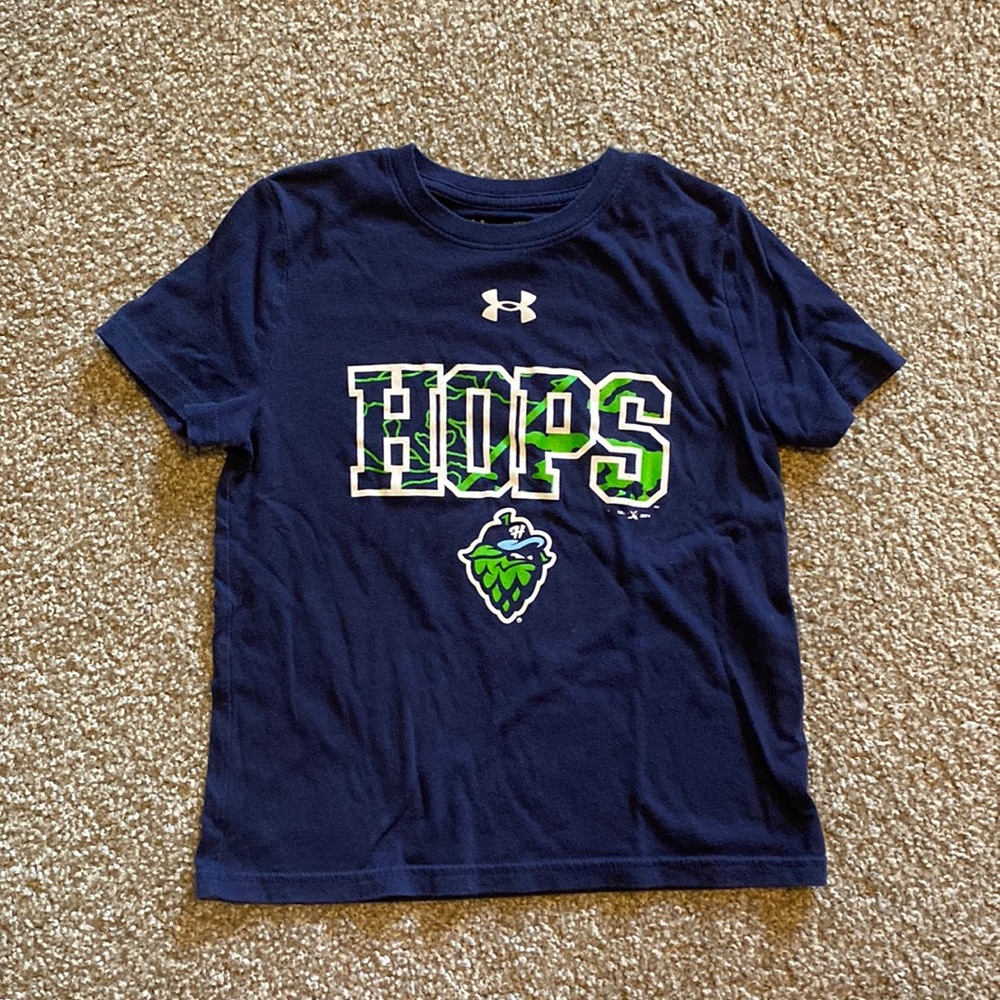 Boys blue  Hillsboro Hops Under Armour tshirt with Hops logo and writing.Youth S